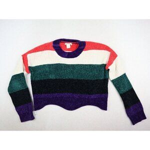 LUV LANE - WOMEN'S STRIPED SOFT CHENILLE CROPPED PULLOVER SWEATER - SIZE S